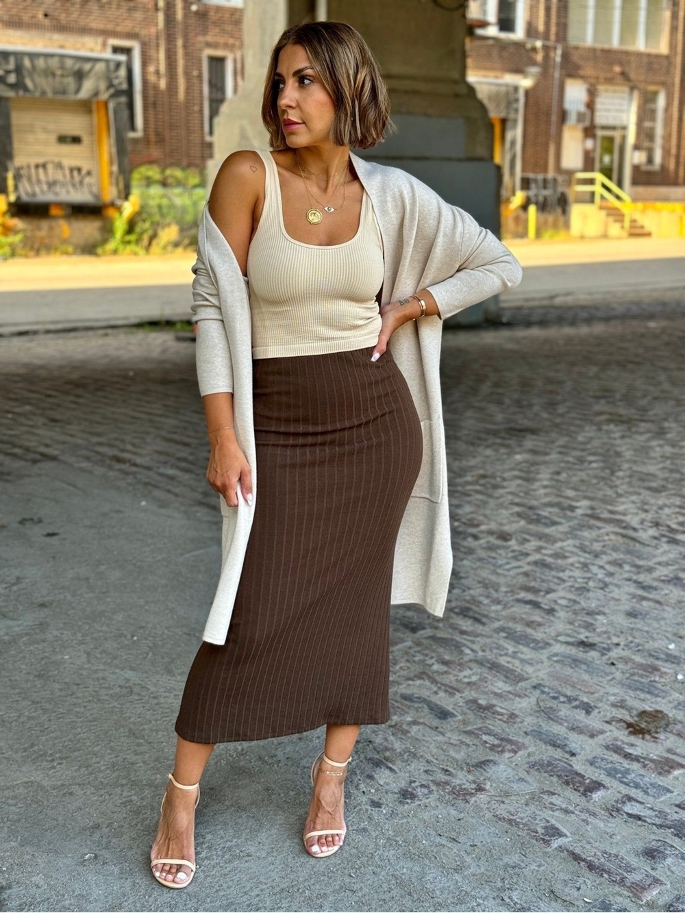 Zara brown ribbed cotton pull on slit back midi skirt M